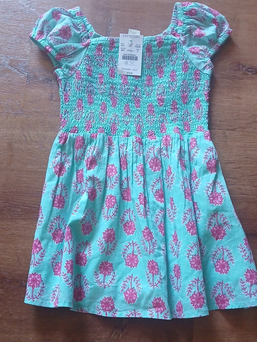 NWT. Size 3T Crewcuts Mint Green Dress with Pink Floral Smocking